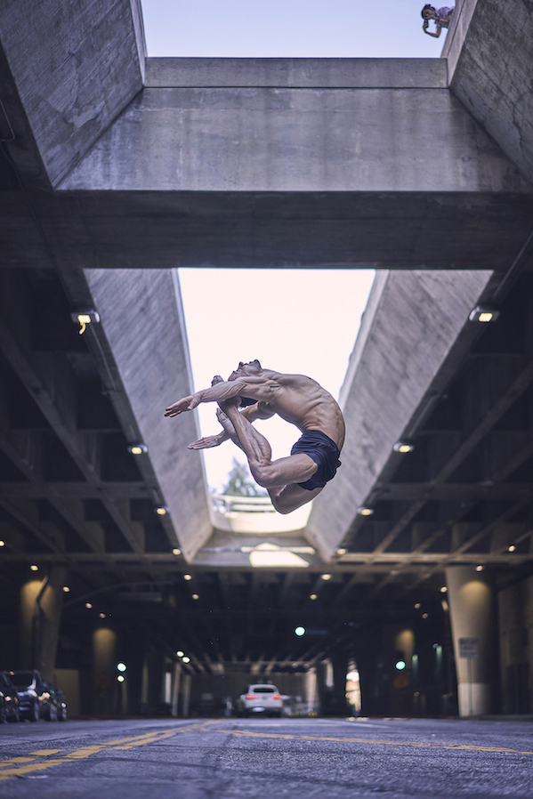 dancer leaps in Downtown LA's underpass
