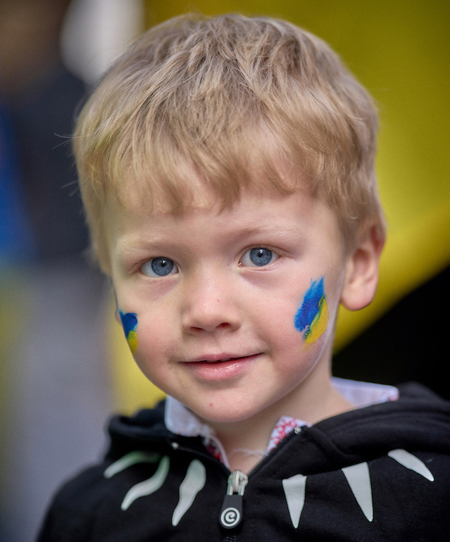 Boy at Ukrainian rally in Times Square, NYC, March 19, 2022