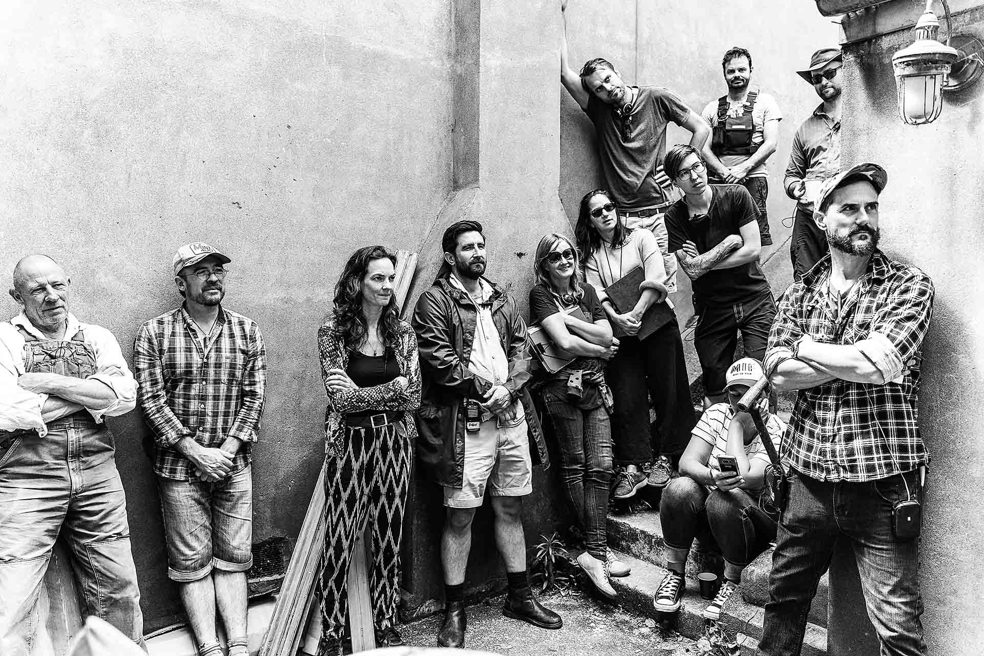 Behind the scenes crew photo of Reunion in black and white